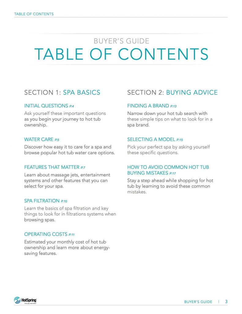 Hot Tub Buyer's Guide Table of Contents